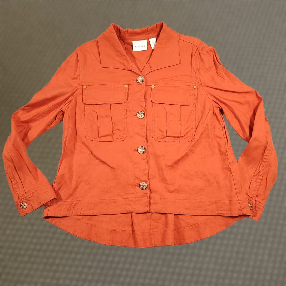 Vintage Chicos Jacket Women's Size S Orange Linen Button Front Collared Basic Jacket Mid-Length Casual Travel Fall Winter Spring Summer Size S / US 4 / IT 40 - 1 Thumbnail