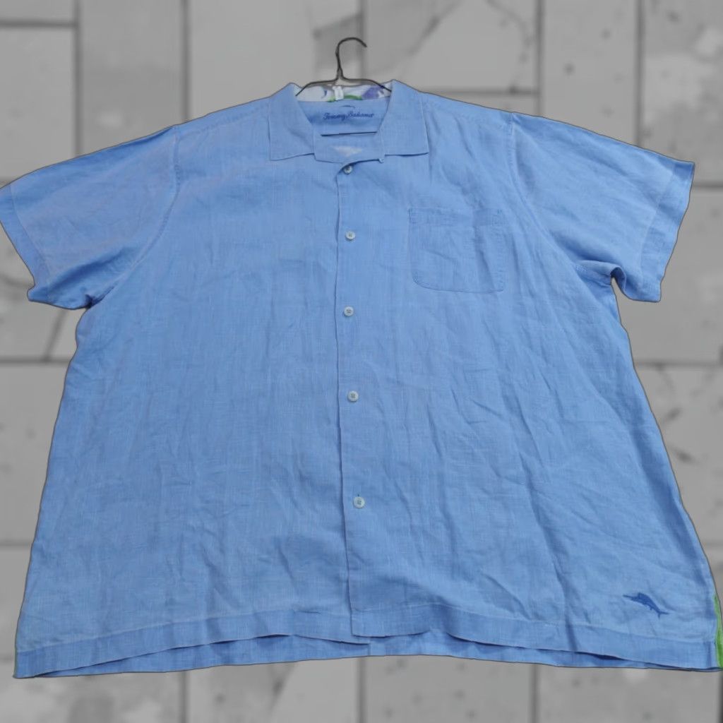 Tommy Bahama Tommy Bahama Shirt Blue Solid 2XL Linen Short Sleeve Button-Up Collared Men Size US XXL / EU 58 / 5 - 1 Thumbnail