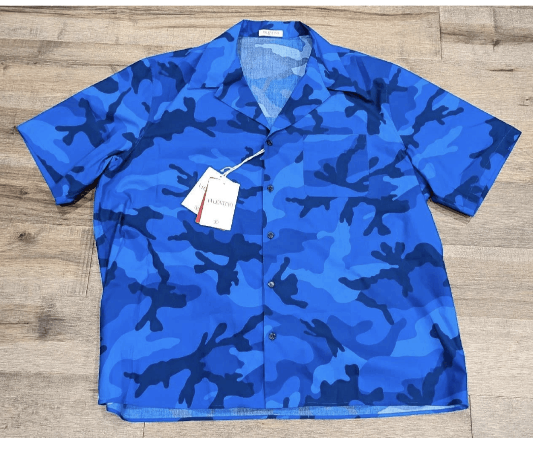 Valentino Valentino "Popeline" Button Up Camp Shirt Blue Camo 48 Size US M / EU 48-50 / 2 - 1 Thumbnail