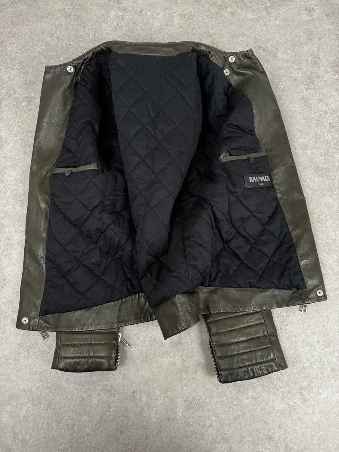 Balmain 2000s Balmain Khaki Quilted Biker Leather Jacket Size US M / EU 48-50 / 2 - 9 Thumbnail