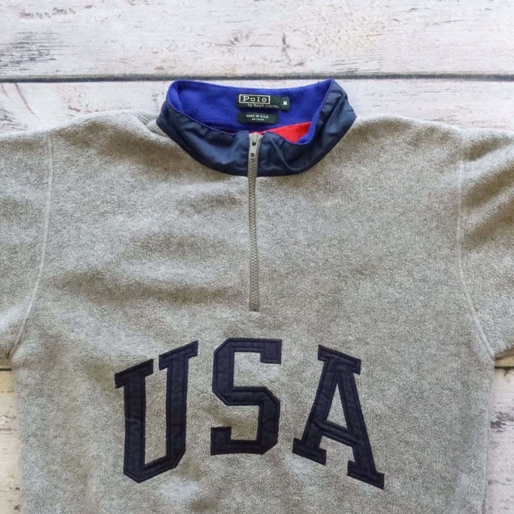 Ralph Lauren VINTAGE Polo Ralph Lauren USA Fleece Sweater Hood Jacket M Gray Mens 90s USA Theme Small Selection Size US M / EU 48-50 / 2 - 2 Thumbnail