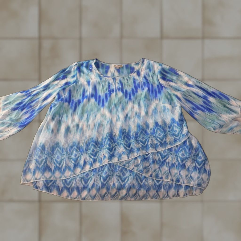 JM Collection JM Collection Blouse Shirt 2X Women Plus Blue Striped Knit Polyester Crew Neck Pullover Stretch Designer Casual Size XXL / US 16-18 / IT 52-54 - 1 Thumbnail