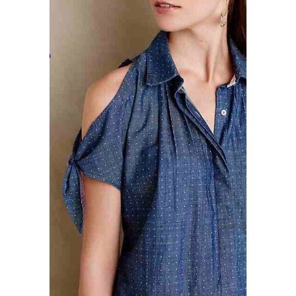Anthropologie NWT Anthropologie Chambray Cold Shoulder Top | Coastal Cowgi Size L / US 10 / IT 46 - 7 Thumbnail