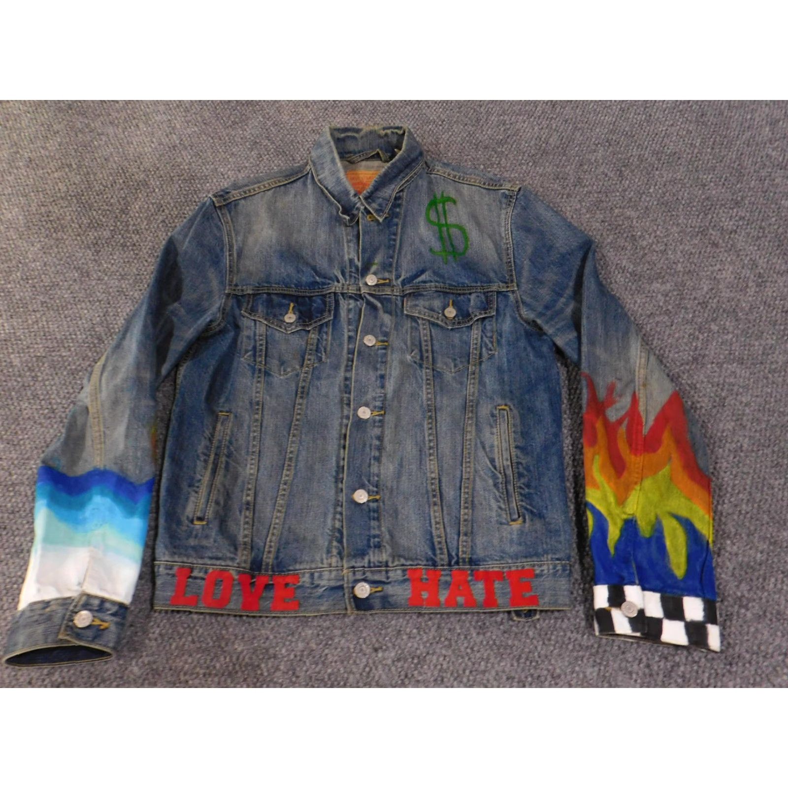 Levi's VINTAGE Levi's Jacket Mens Medium Blue Denim Hand-Painted Love Hate Flames Art Bomber Jacket Size US M / EU 48-50 / 2 - 3 Thumbnail
