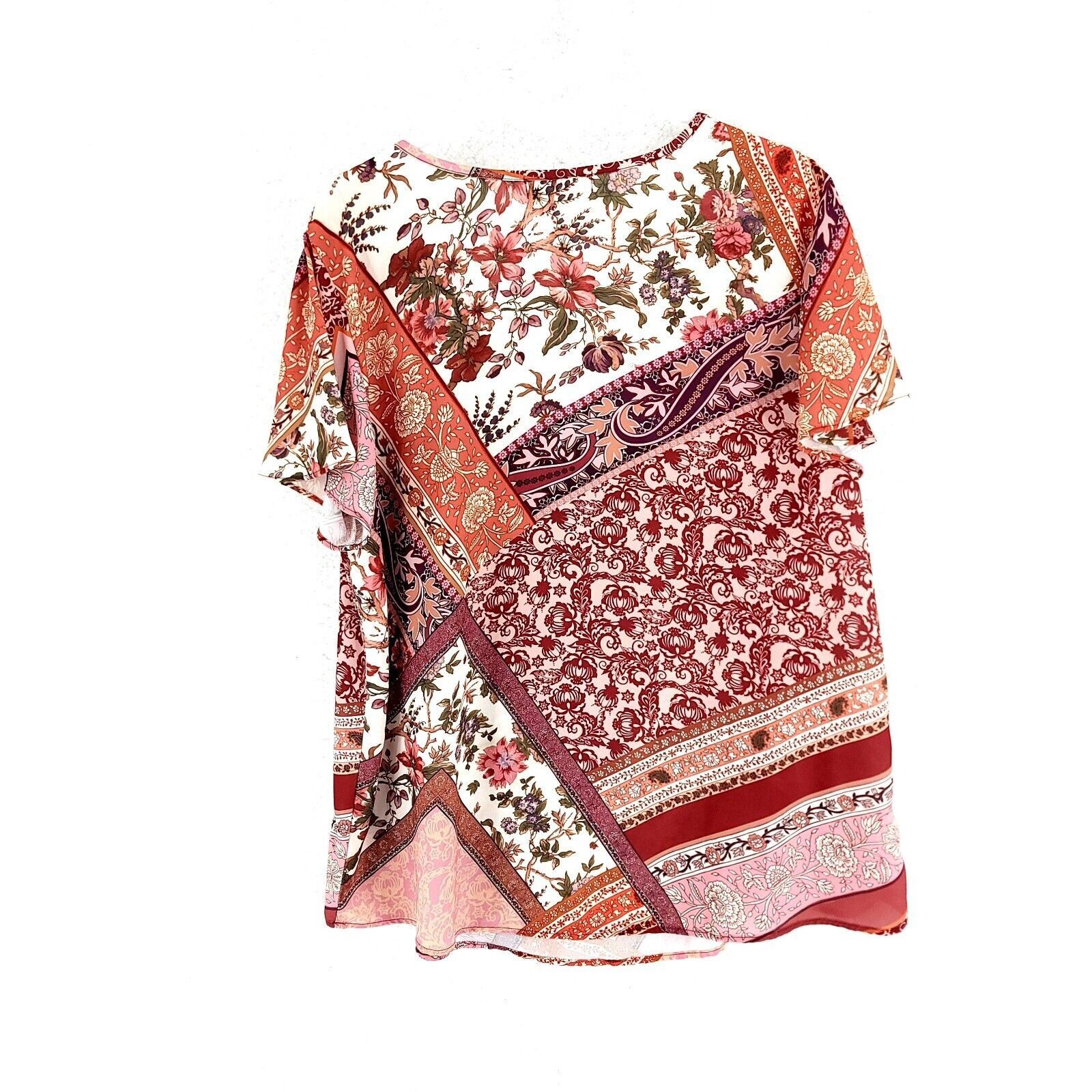 Vintage Christopher & Banks Pink Red Floral Drawstring V-Neck Blouse Size XL / US 12-14 / IT 48-50 - 4 Thumbnail