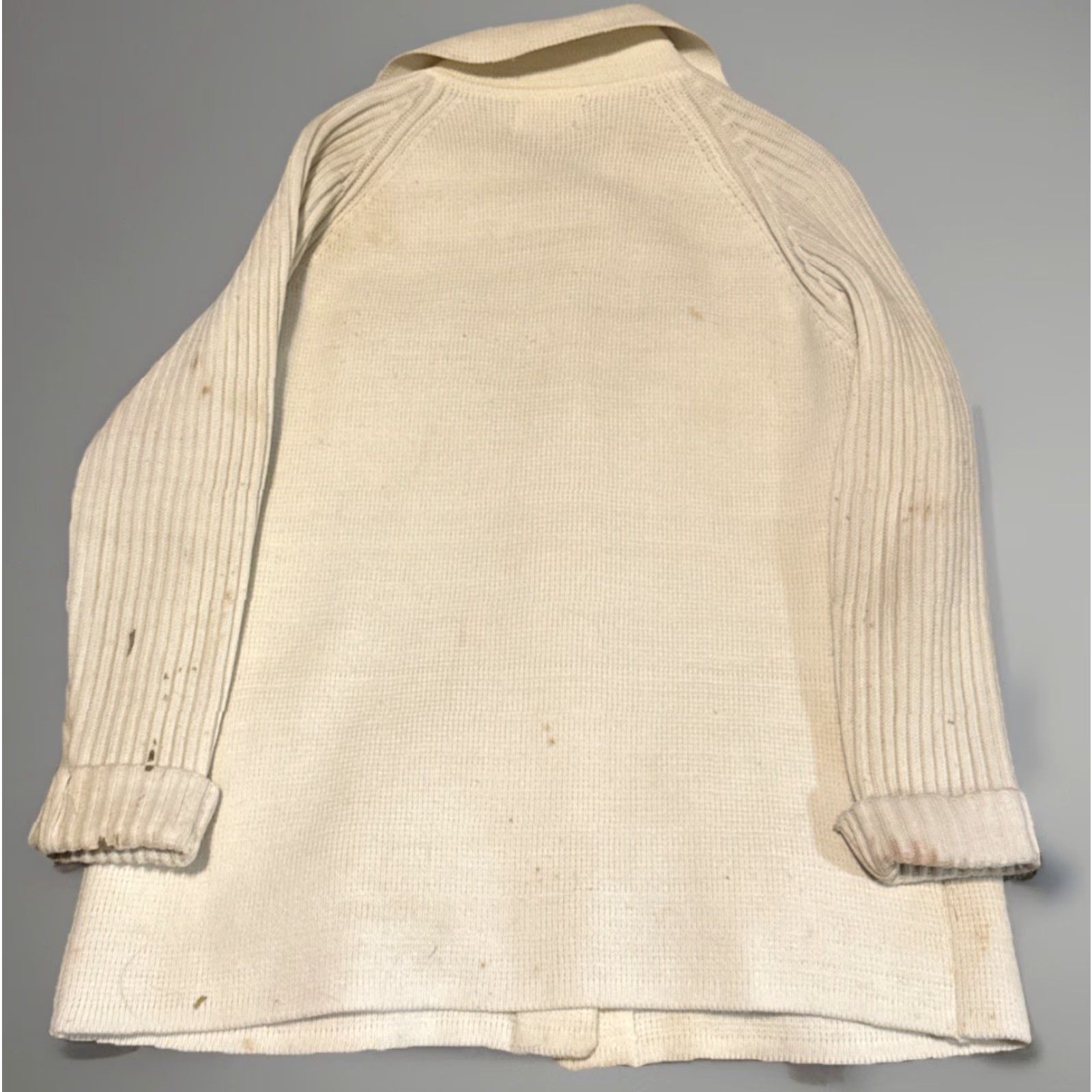 Vintage VINTAGE Montgomery Ward Cardigan Sweater Men's 42 White 4-Pocket Acrylic Knit Stripes Stains Size US XL / EU 56 / 4 - 2 Thumbnail