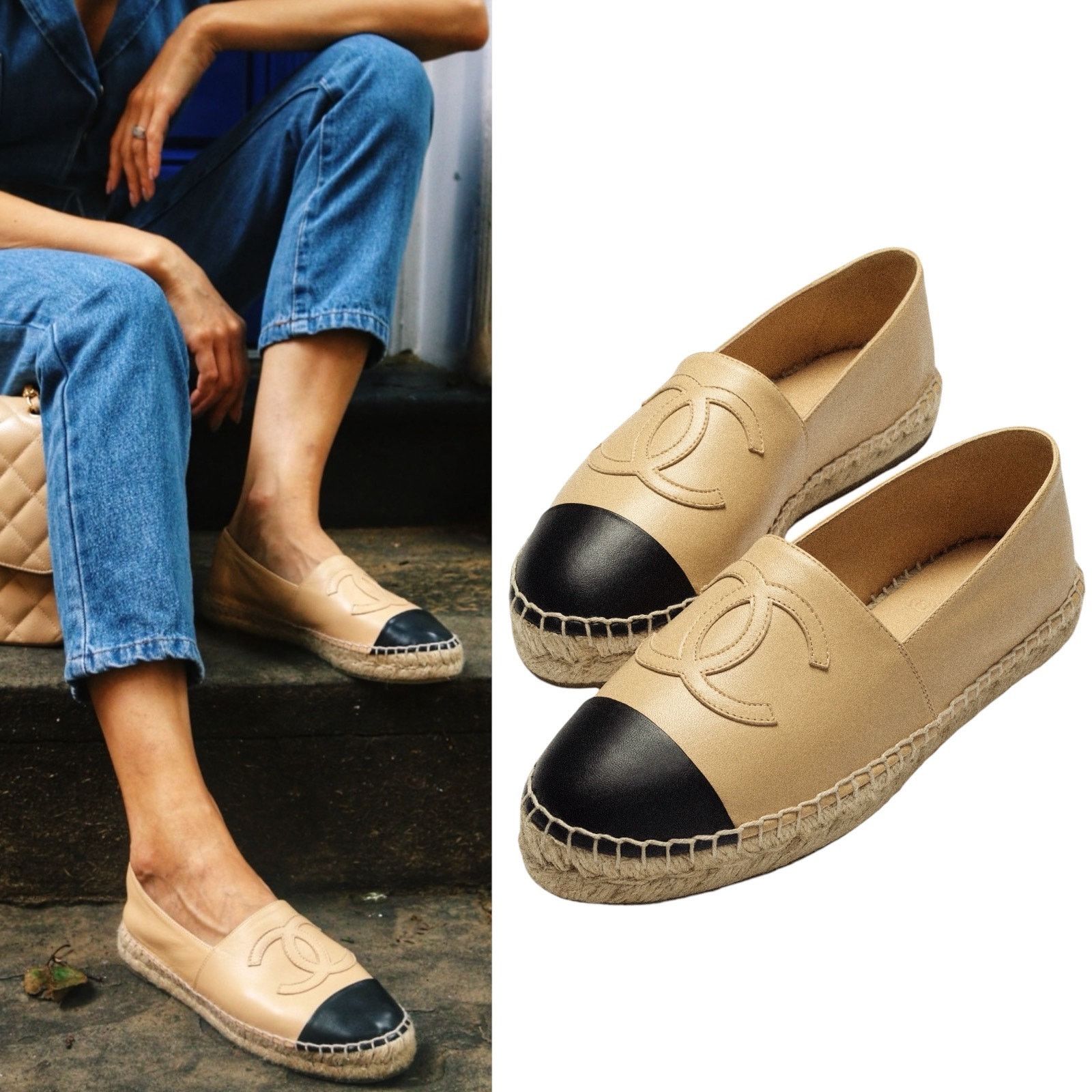 Chanel Chanel CC Logo Cap Toe Lambskin Espadrile Beige Size