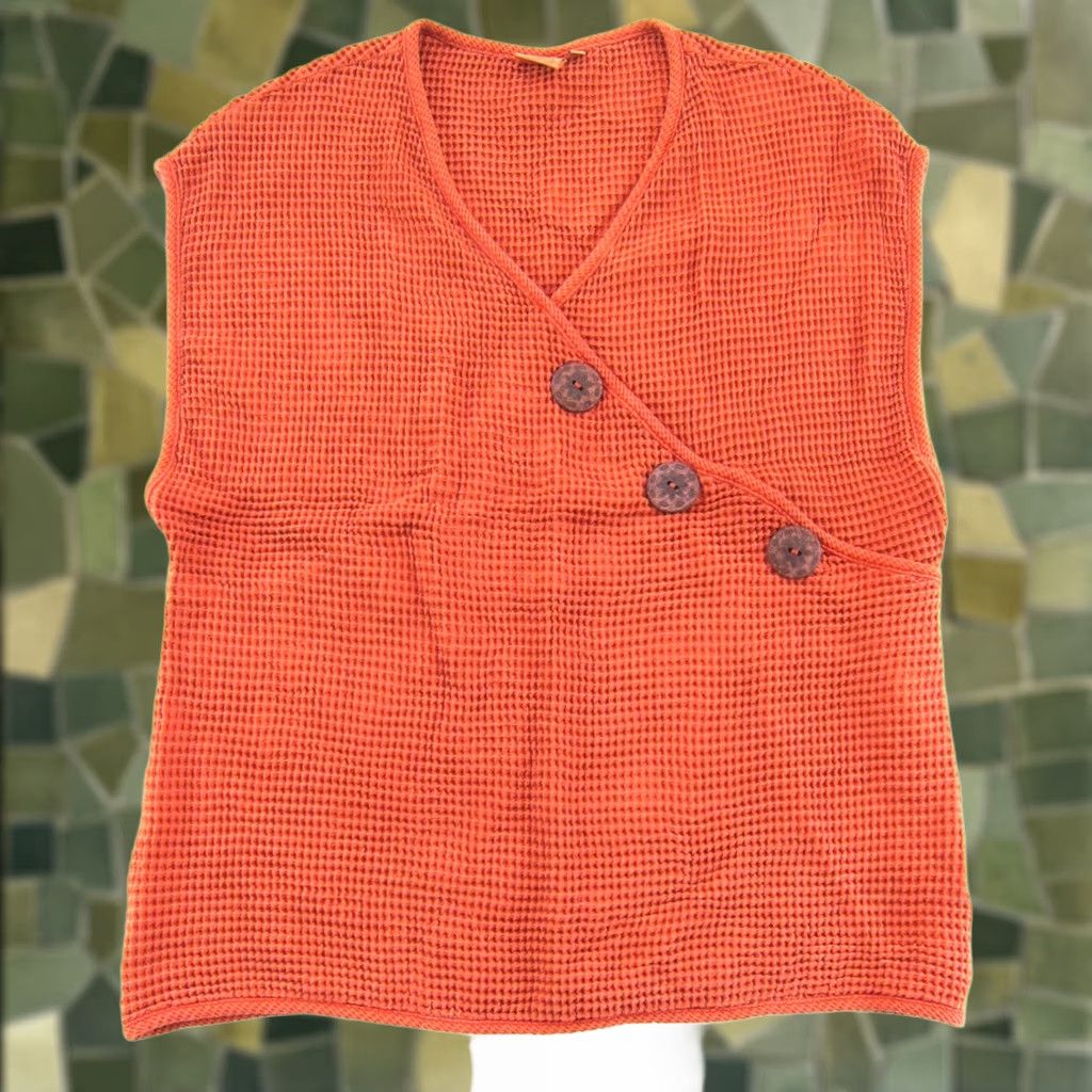 Vintage VTG Focus Orange Waffle Cotton Sleeveless Blouse Women Small Oversized Button V-Neck Floral 70s Retro Classic Summer Style Mens Womens Girls Size S / US 4 / IT 40 - 1 Thumbnail