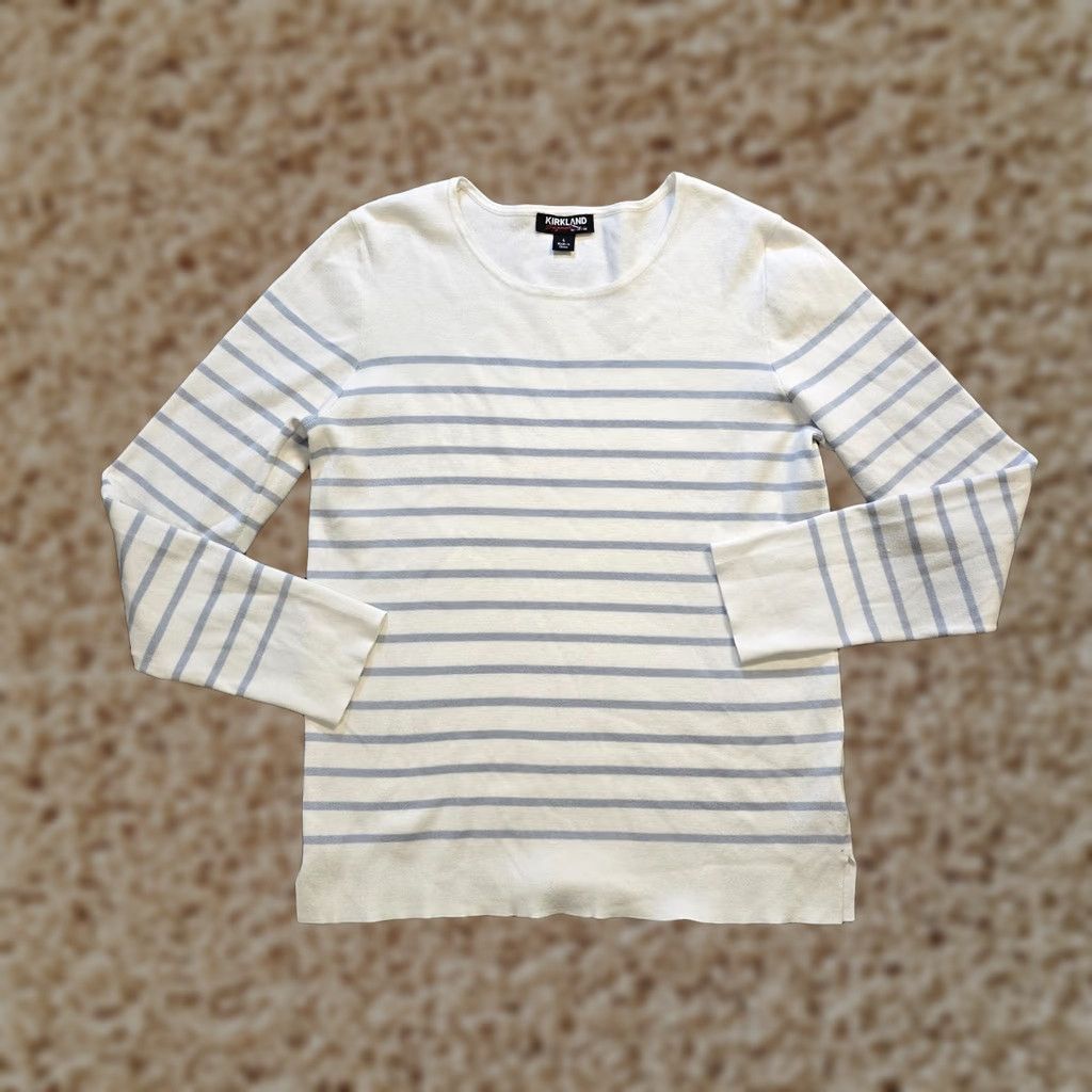 Nautica Kirkland Sweater Womens Large White Blue Striped Nautical Preppy Casual Pullover Knit Long Sleeve Round Neck Lightweight Regular Women’s Size L / US 10 / IT 46 - 1 Thumbnail