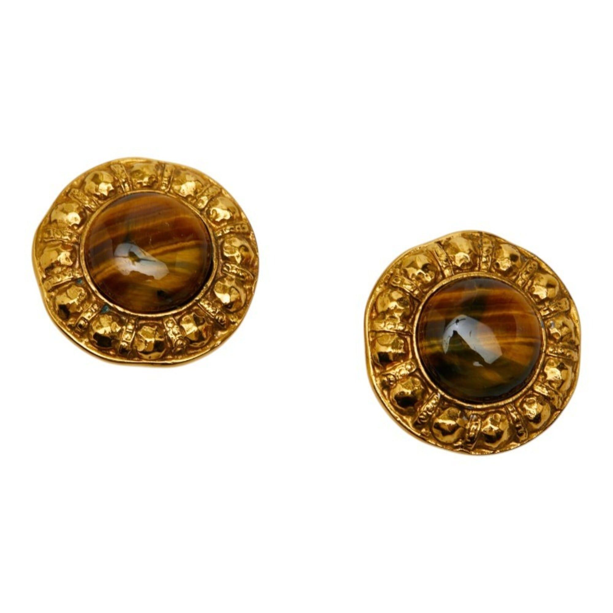Chanel Chanel Round Earrings, Gold and Brown Plated, Tiger Eye, Women's. Size ONE SIZE - 1 Thumbnail