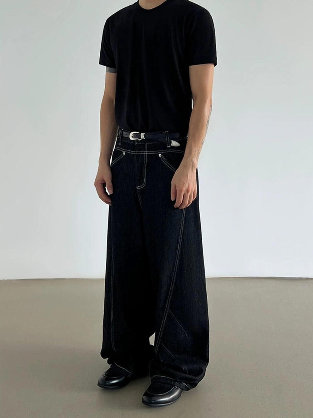 Vintage Black Wide-Leg White Stich Detailing Jeans Size US 32 / EU 48 - 4 Thumbnail