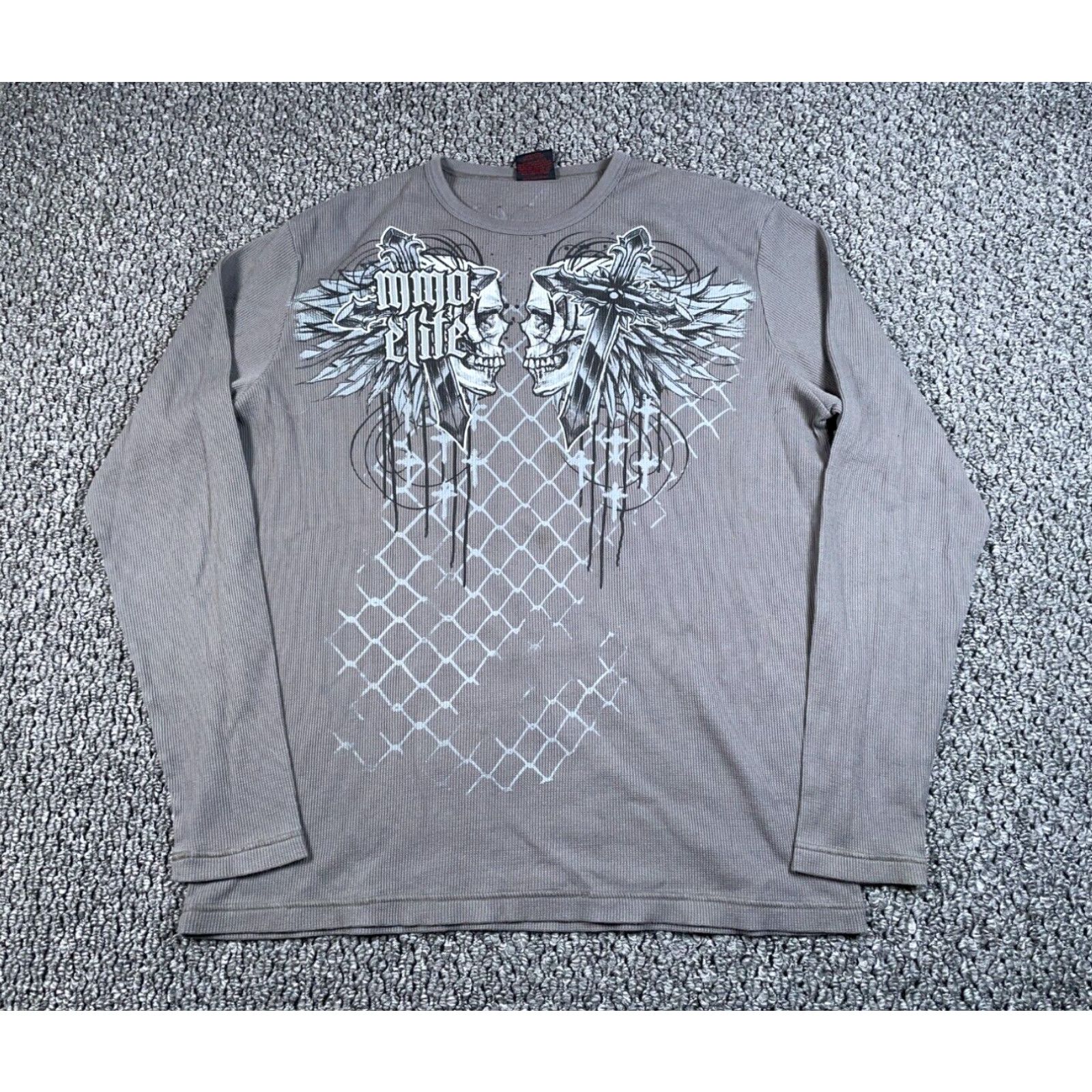 image of Vintage Mma Elite Skull Wings Thermal Long Sleeve Shirt Adult 2Xl Gray Waffle Knit in White, Men's