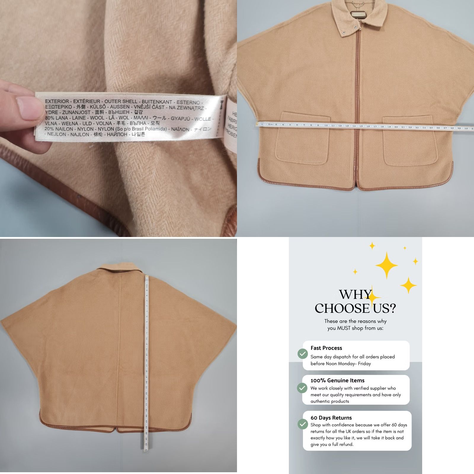 Massimo Dutti Massimo Dutti Womens Poncho Beige Medium Full Zip Wool Flannel Collared Camel Size ONE SIZE - 8 Thumbnail