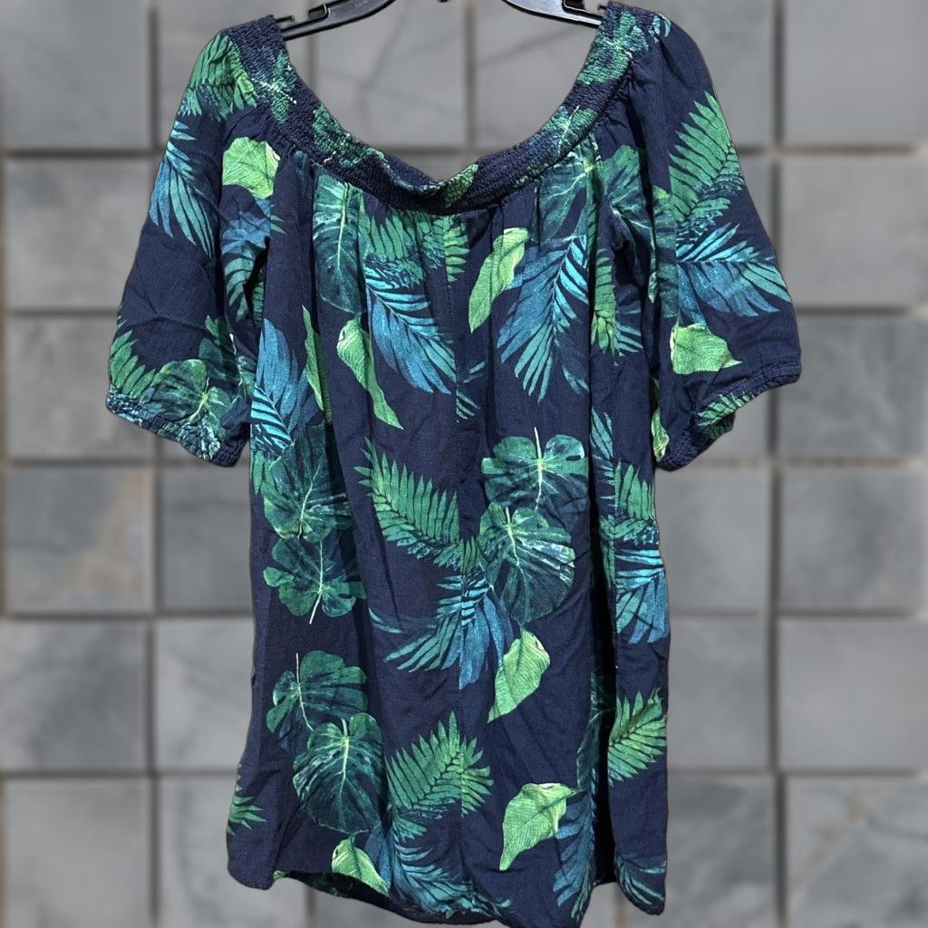 Old Navy Old Navy Blouse Womens XL Off Shoulder Linen Blend Green Blue Tropical Puff Sleeve Tunic Short Sleeve Relaxed Fit Womens Clothing Size XL / US 12-14 / IT 48-50 - 1 Thumbnail