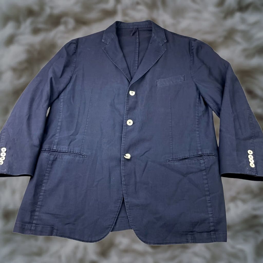Vintage Michele Negri Men’s 2 Piece Suit Navy Blue 44R 42x28 Cotton Chino Flat Front Double-Vented Notch Lapel 3-Button Jacket Short Size 44R - 1 Thumbnail