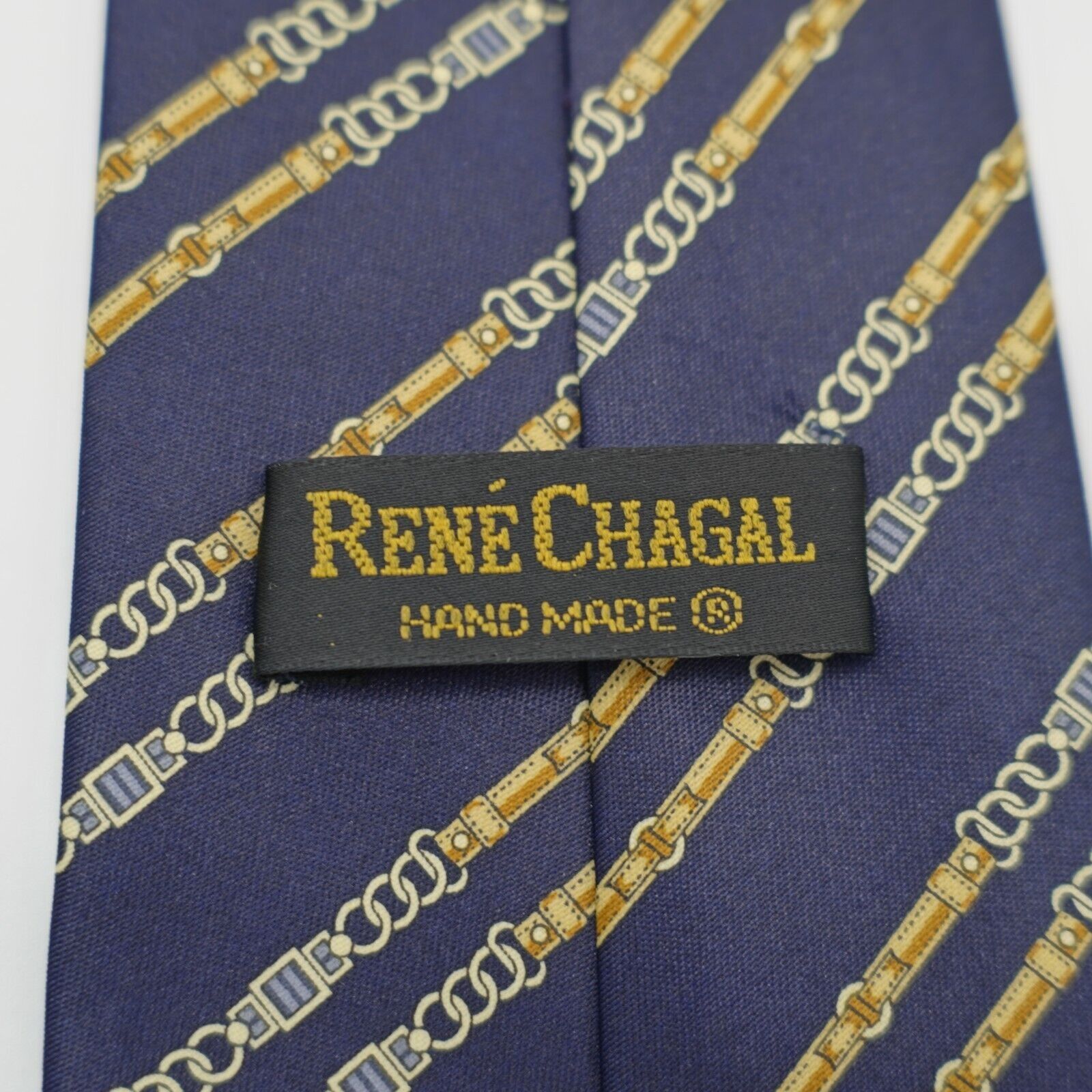 Designer Rene Chagal Handmade Blue Novelty Chains Print Wide Silk Tie Size ONE SIZE - 3 Thumbnail