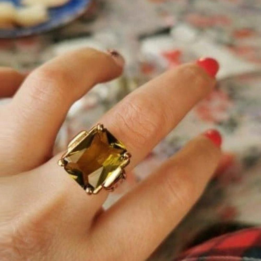 Designer 15mm Princess Cut Yellow Coffee Rhinestone Retro Gold Ring Size ONE SIZE - 1 Thumbnail
