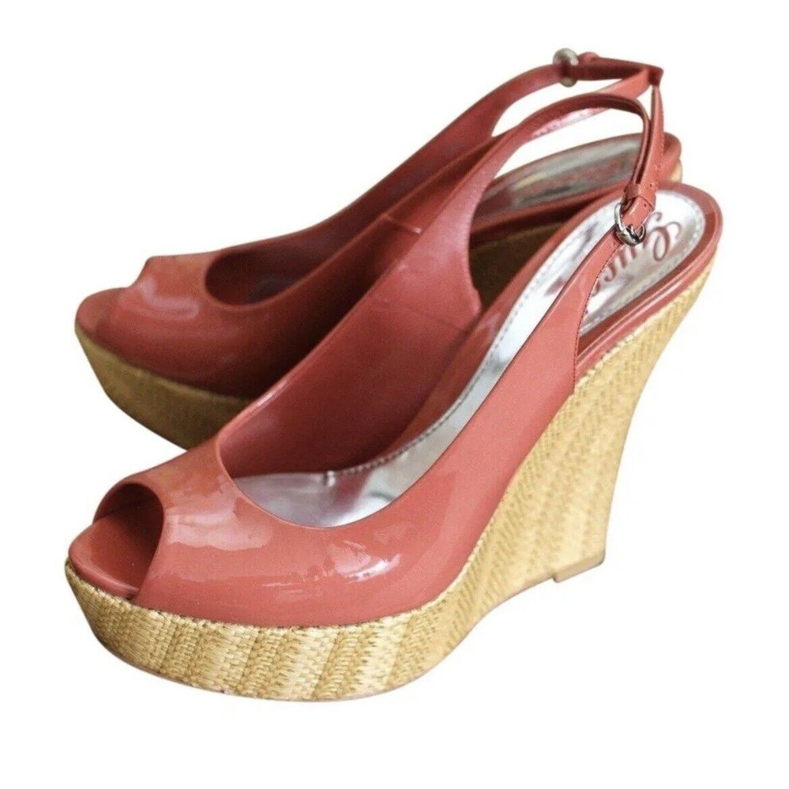 NEW IN BOX GUCCI PATENT LEATHER PLATFORM WEDGES CORAL SZ 7