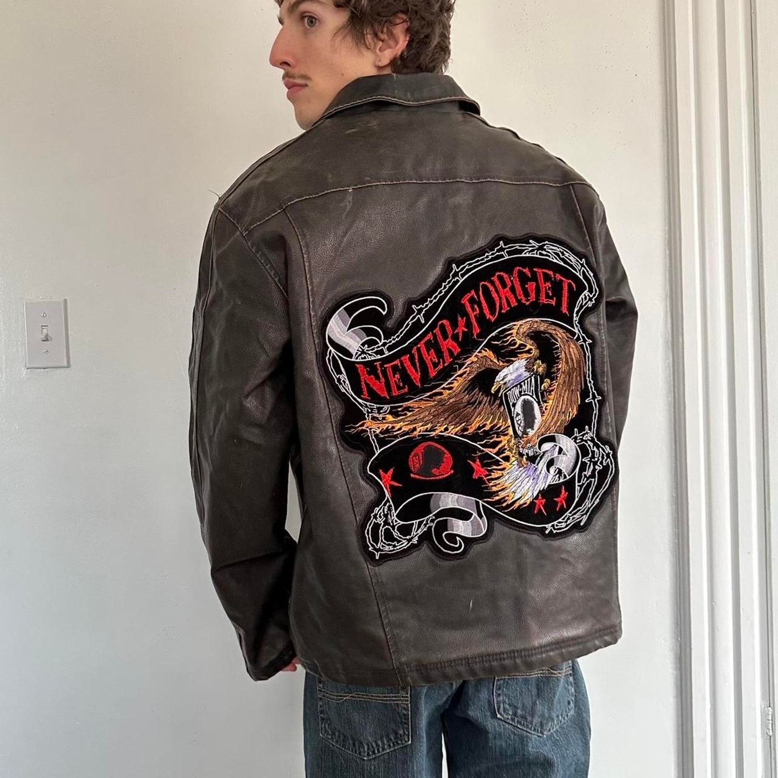 Vintage Vintage 90s Biker USA POW Marines Army Leather Biker Jacket Size US XL / EU 56 / 4 - 8 Thumbnail