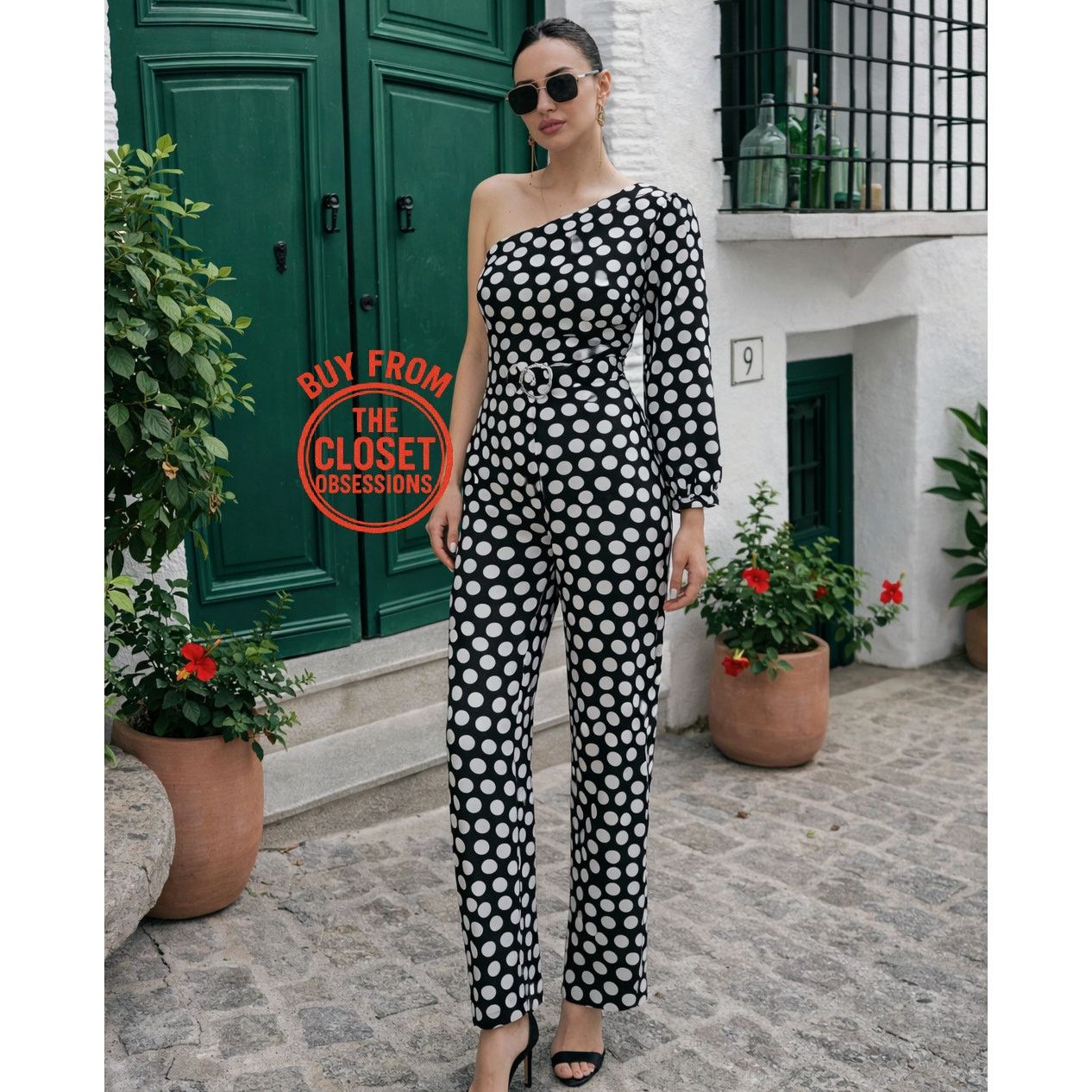 Mango Mango Polka Dot One Shoulder Jumpsuit Straight Leg NWT Size 34" / US 12 / IT 48 - 7 Thumbnail