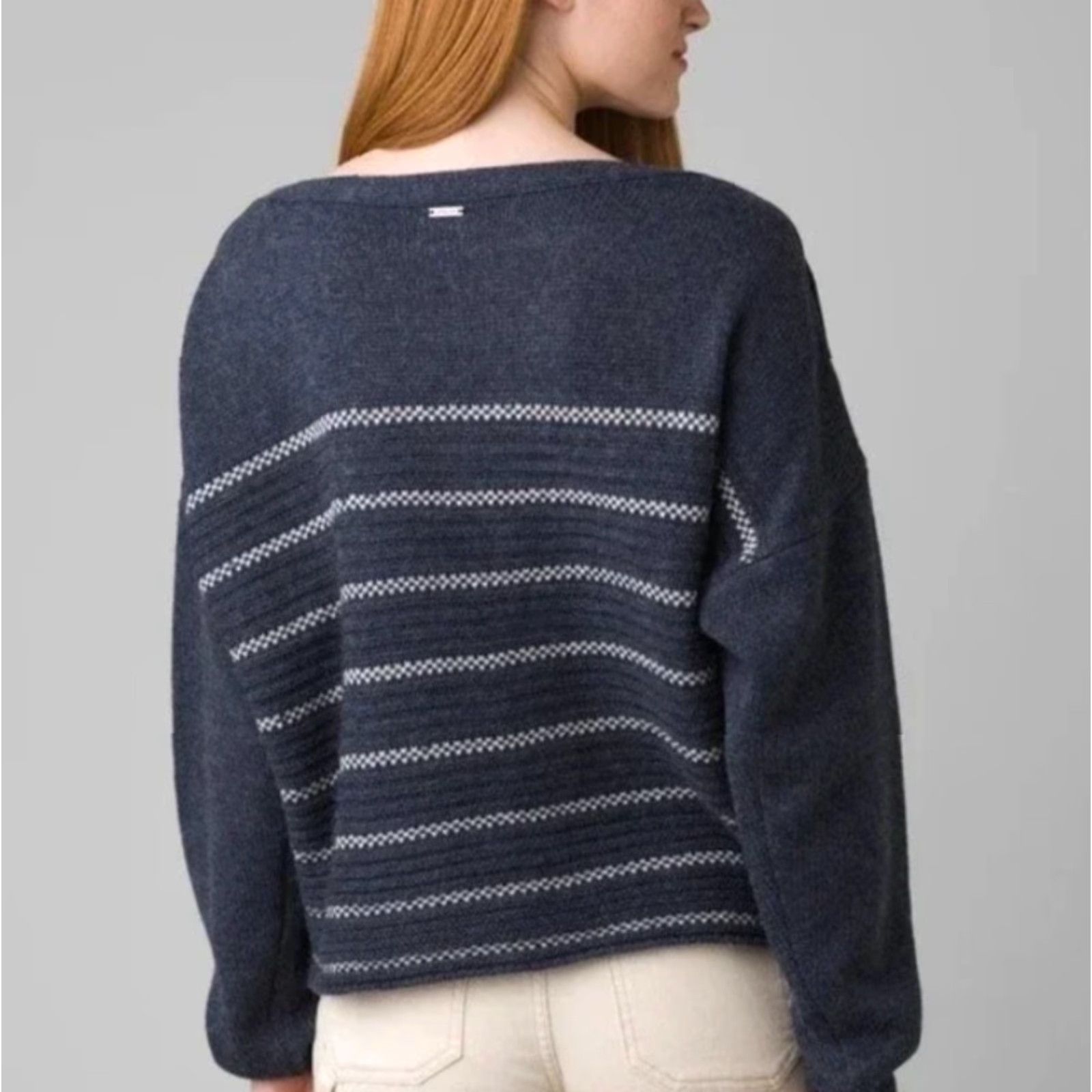 Prana VINTAGE PrAna Phono Wool Blend Sweater Blue w/Cream Birdseye Stripe Button Detail-Size L Size L / US 10 / IT 46 - 3 Thumbnail