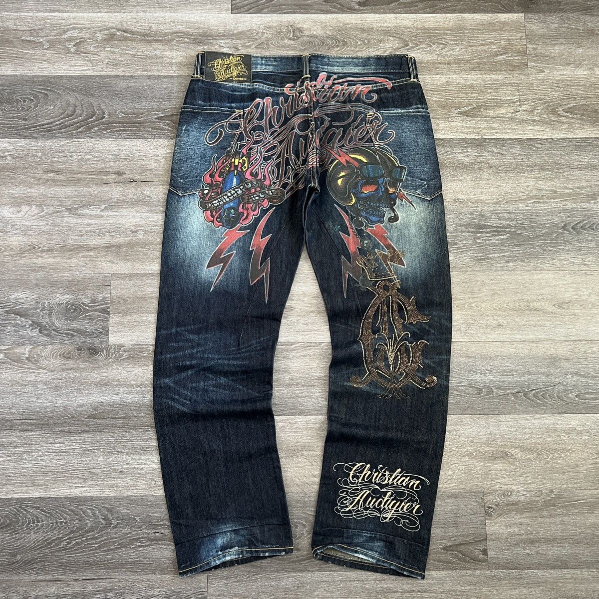 image of Christian Audigier x Ed Hardy Grail Vintage Y2K Christian Audiger Death From Above in Navy (Size 38