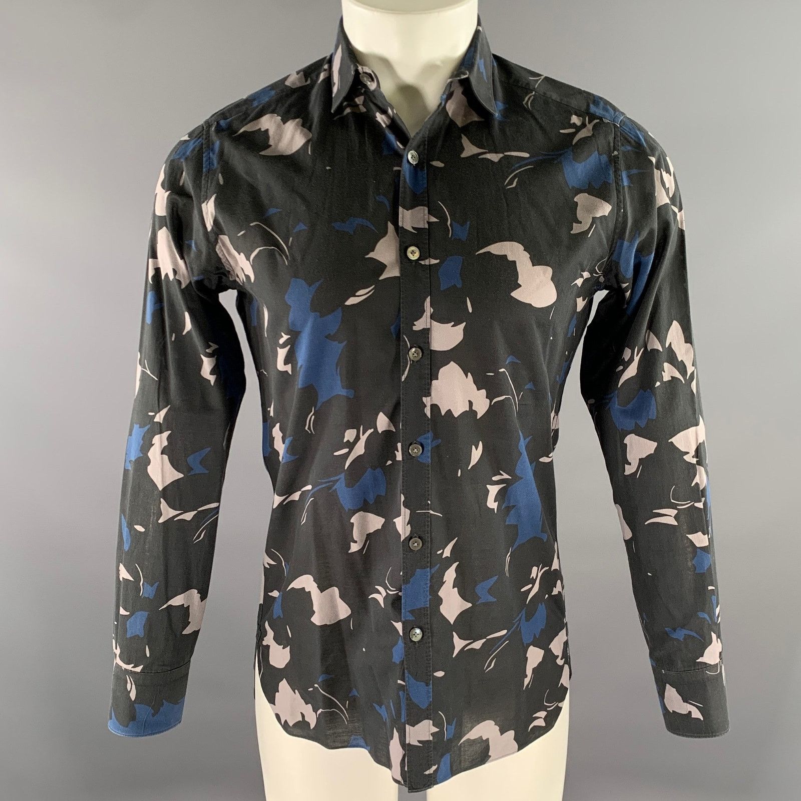 Lanvin LANVIN Black Grey Blue Abstract Floral Cotton Long Sleeve Size US S / EU 44-46 / 1 - 1 Thumbnail