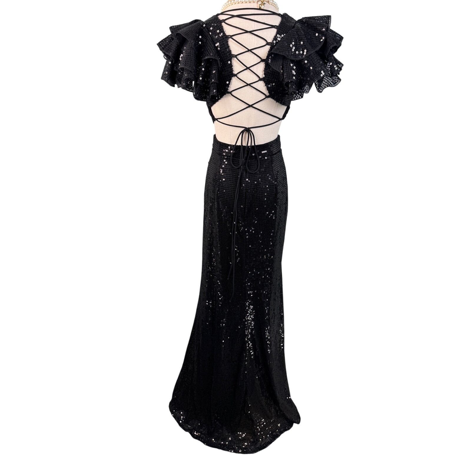 Mac Duggal Mac Duggal Sequined Ruffled Lace Up Gown Dress black size 0 Size XS / US 0-2 / IT 36-38 - 8 Thumbnail