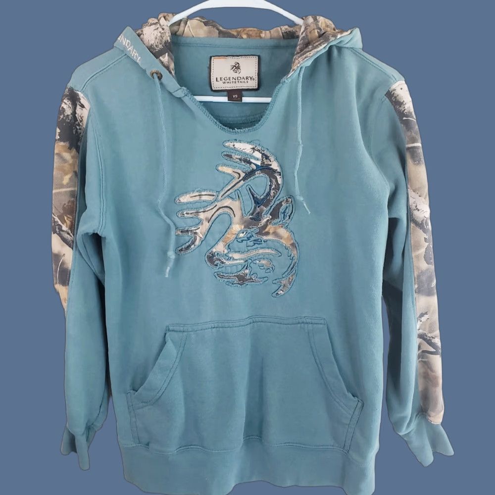 Vintage Legendary Whitetails Hoodie Men XS Teal Camo Buck Cutout Front Kangaroo Pockets Hooded Pullover Size US XS / EU 42 / 0 - 1 Thumbnail
