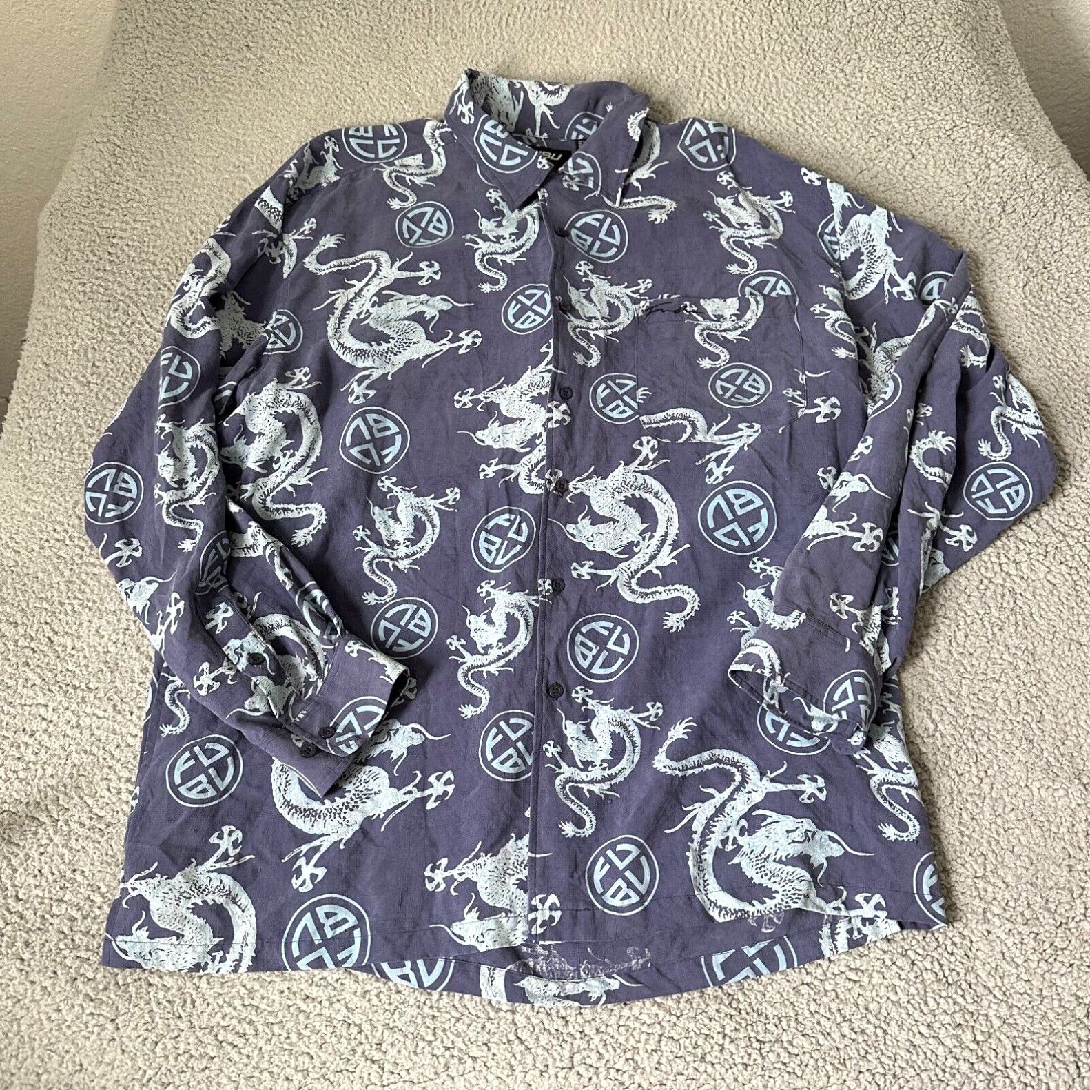 image of Vintage Fubu Shirt Adult Extra Large XL Blue Dragons 90's Hawaiian Hip Hop Mens in White (Size 2XL)