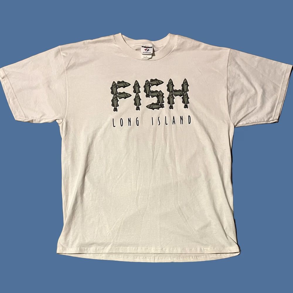 Jerzees VINTAGE Fish Long Island Shirt Mens Extra Large White Grey 90s Graphic Print Size US XL / EU 56 / 4 - 1 Thumbnail
