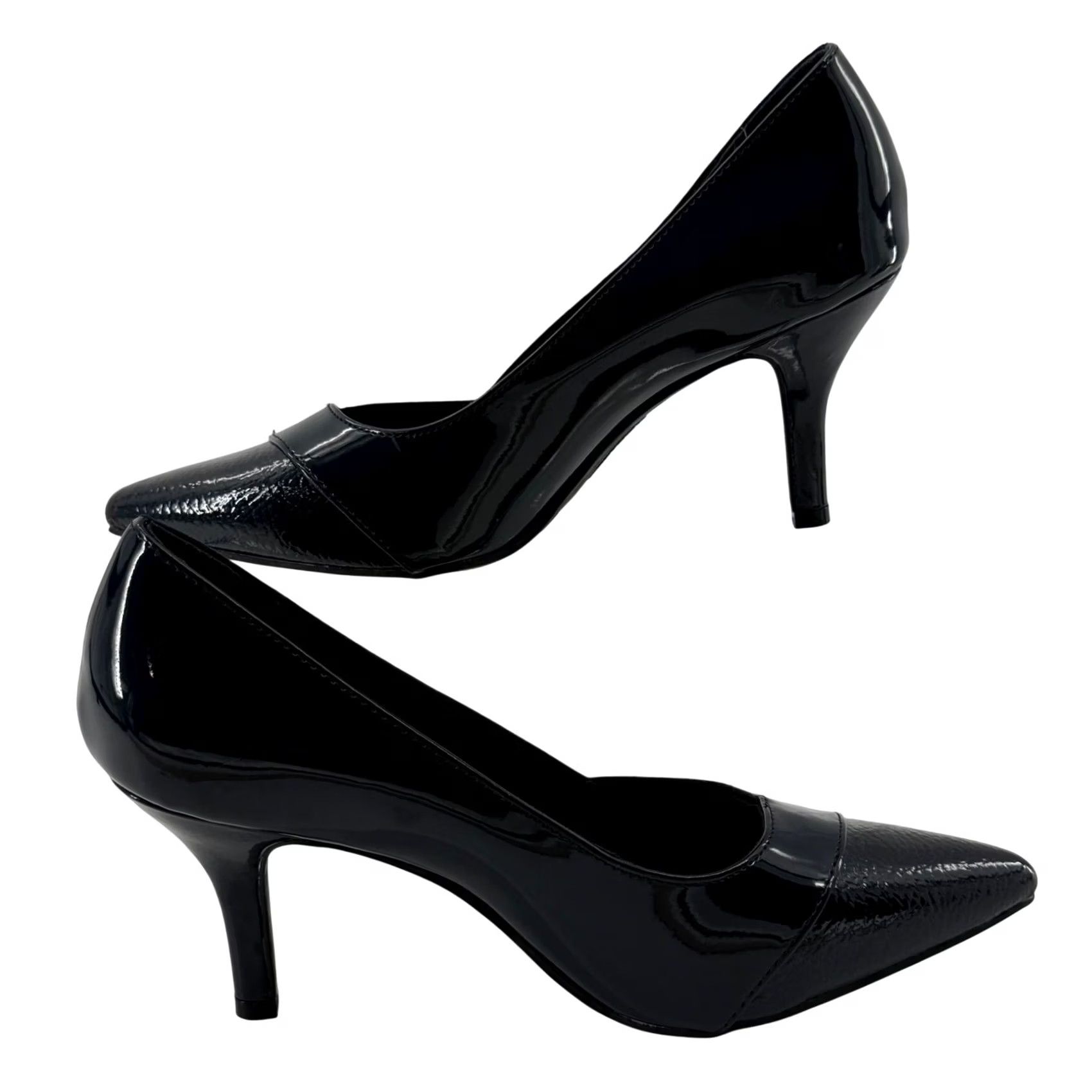 Vintage Fioni Pointed Toe Pump Navy Blue 7W Wide Kitten Heel Patent Suede Mixed Media Office Formal Women Shoes Size US 7 / IT 37 - 2 Thumbnail
