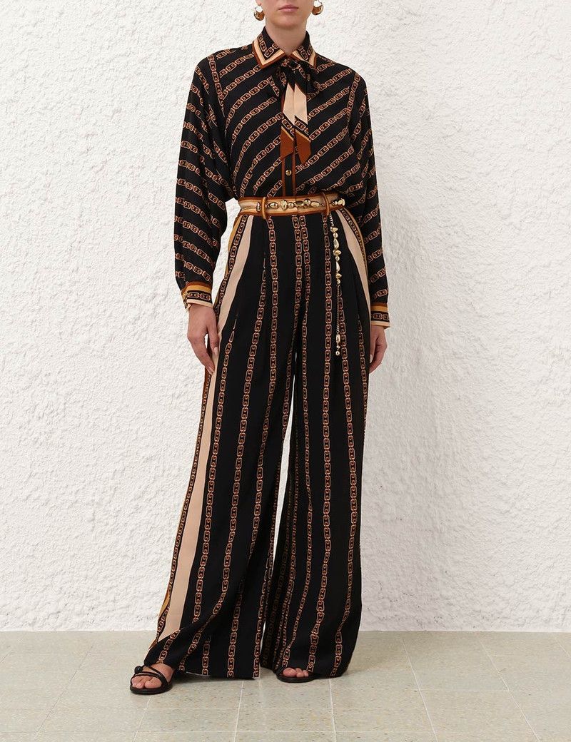 Zimmermann oc11z0226 Belted Wide Leg Pants In Black/Brown Size 27" / US 4 / IT 40 - 7 Thumbnail
