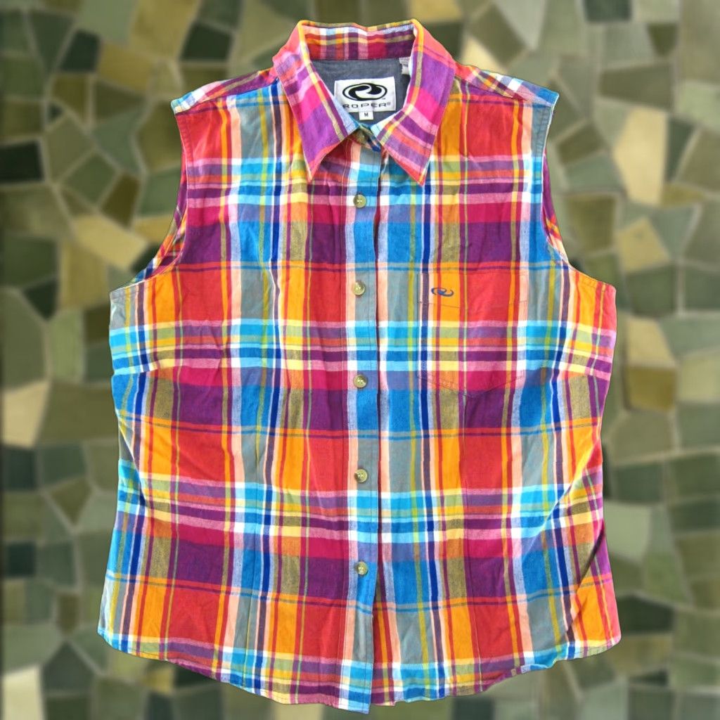 Roper VINTAGE ROPER 100% Cotton Pink Orange Blue Plaid Sleeveless Button Down Collar Blouse M Size M / US 6-8 / IT 42-44 - 1 Thumbnail