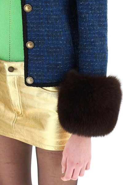 Saint Laurent Paris o1s1wg111224 Tweed Jacket With Faux Fur Cuffs in Blue/Black Size M / US 6-8 / IT 42-44 - 4 Thumbnail