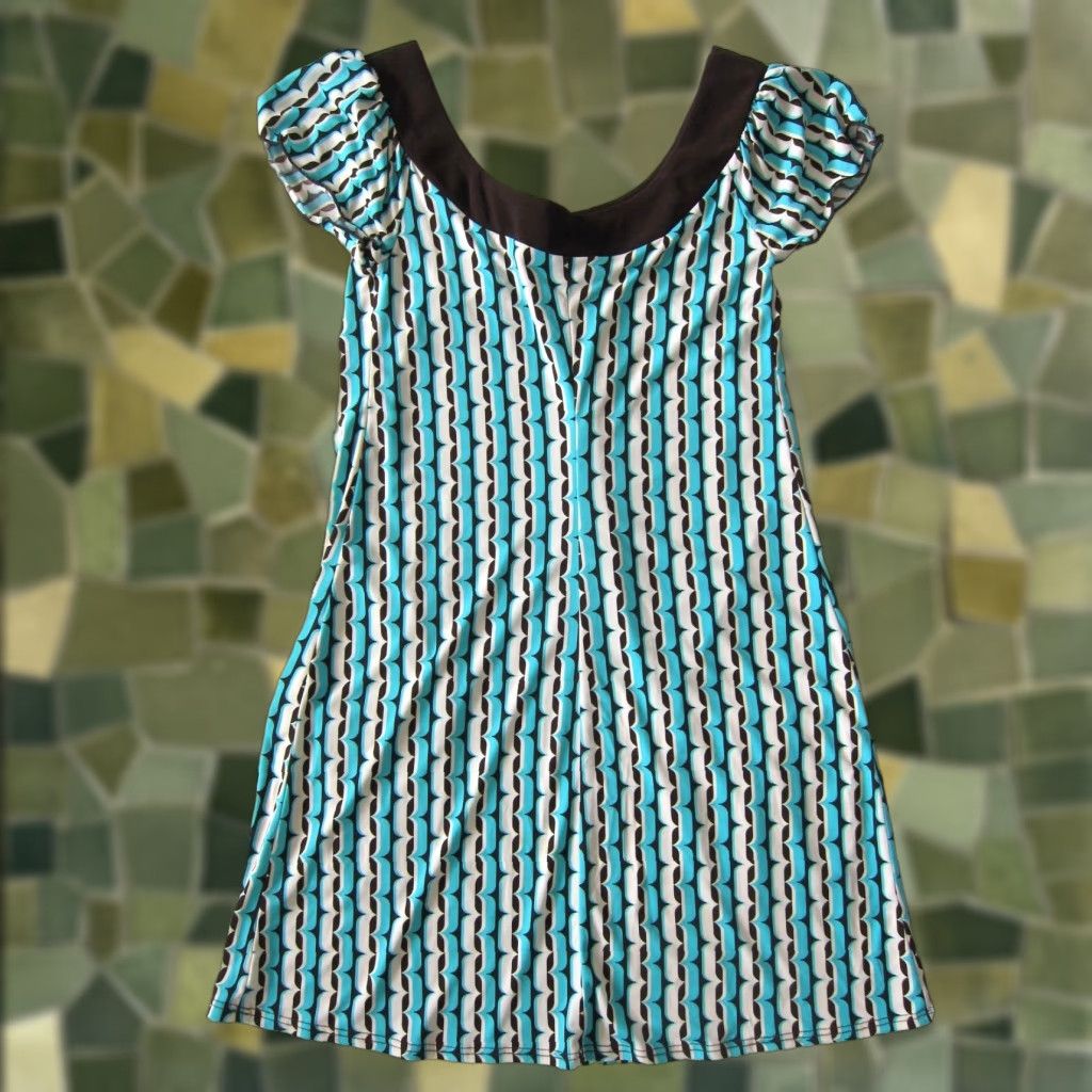 Vintage VINTAGE B. Darlin Dress Shift 5/6 S Short Sleeve Pocket Tunic Blue Brown Ivory 90s Floral Geometric Stretch Women Mens Girls Size 28" / US 6 / IT 42 - 1 Thumbnail