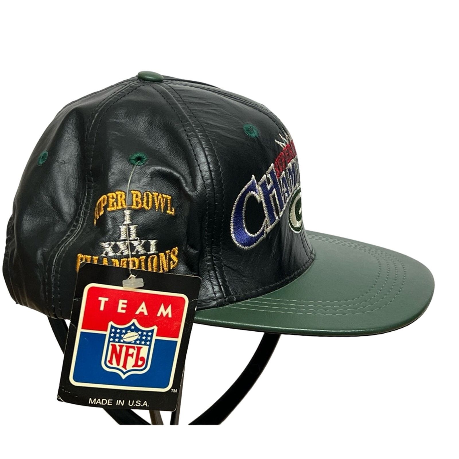 Vintage 90s Green Bay Packers Genuine Leather SnapBack Hat NWT USA Size ONE SIZE - 3 Thumbnail
