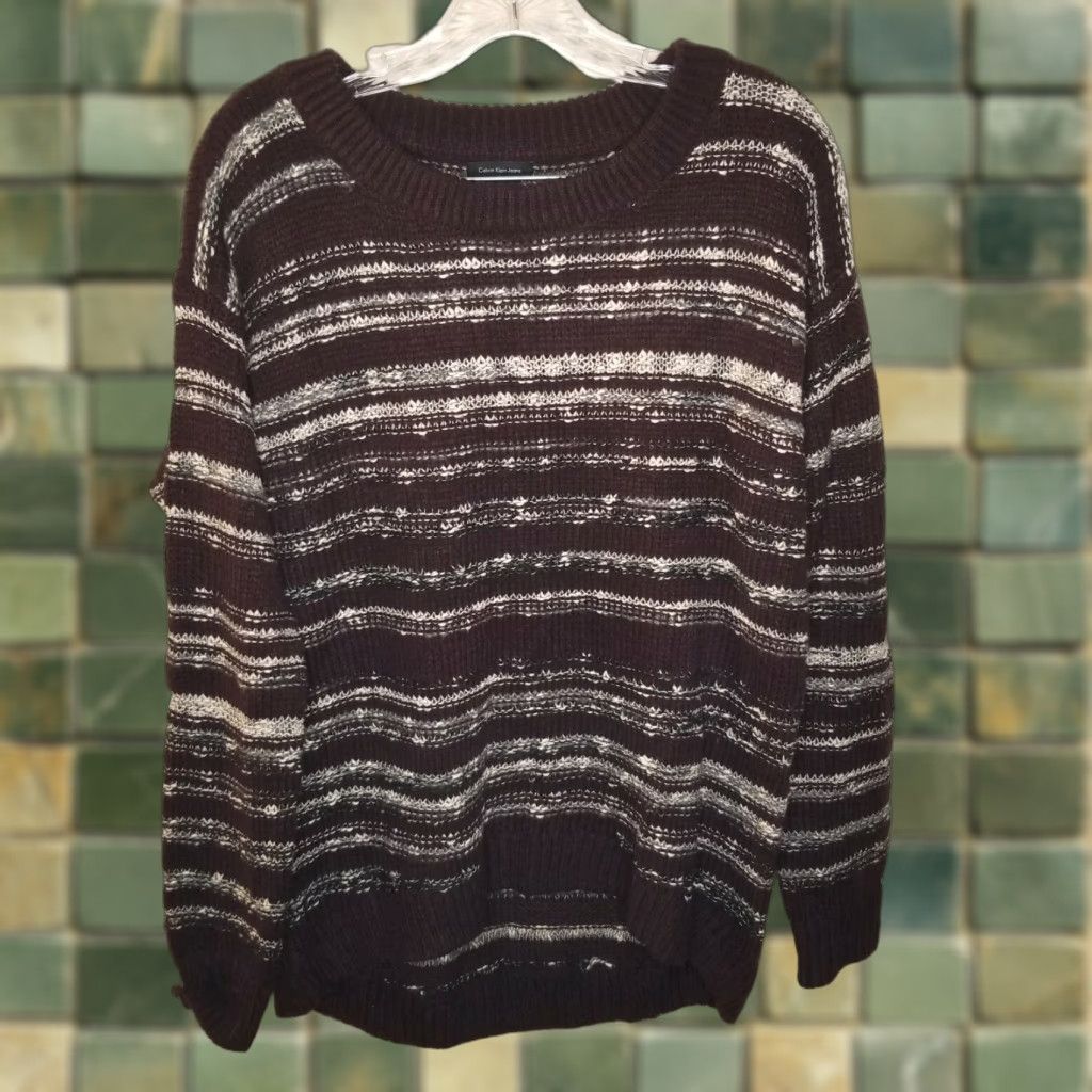 Calvin Klein Calvin Klein Womens Striped Long Sleeve Sweater Burgundy White Size M - Pullover - Red - Knit Size M / US 6-8 / IT 42-44 - 1 Thumbnail