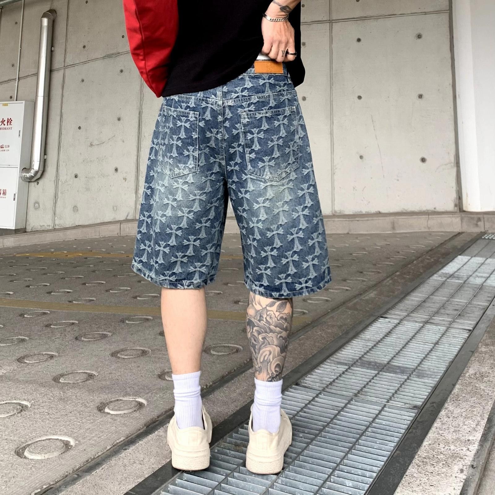 Blue Cross Patterned Denim Shorts, Relaxed Fit Men's Shorts