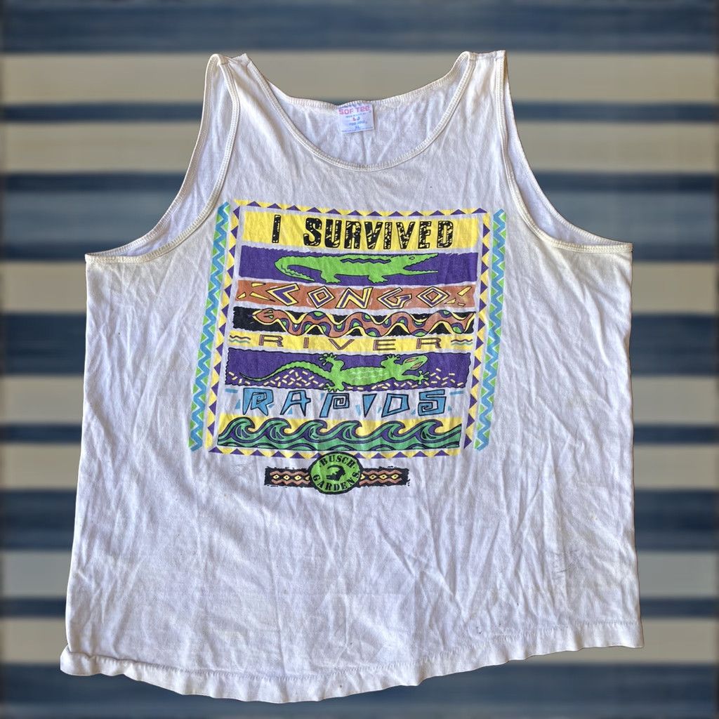 Vintage VINTAGE Busch Gardens I Survived Congo River Rapids White Tank Top XL Shirt Men 90s Logo Graphic Print Size US XL / EU 56 / 4 - 1 Thumbnail