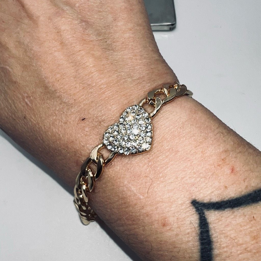 Other Gold Tone Cuban Link and Crystal Heart Bracelet Size ONE SIZE - 2 Thumbnail