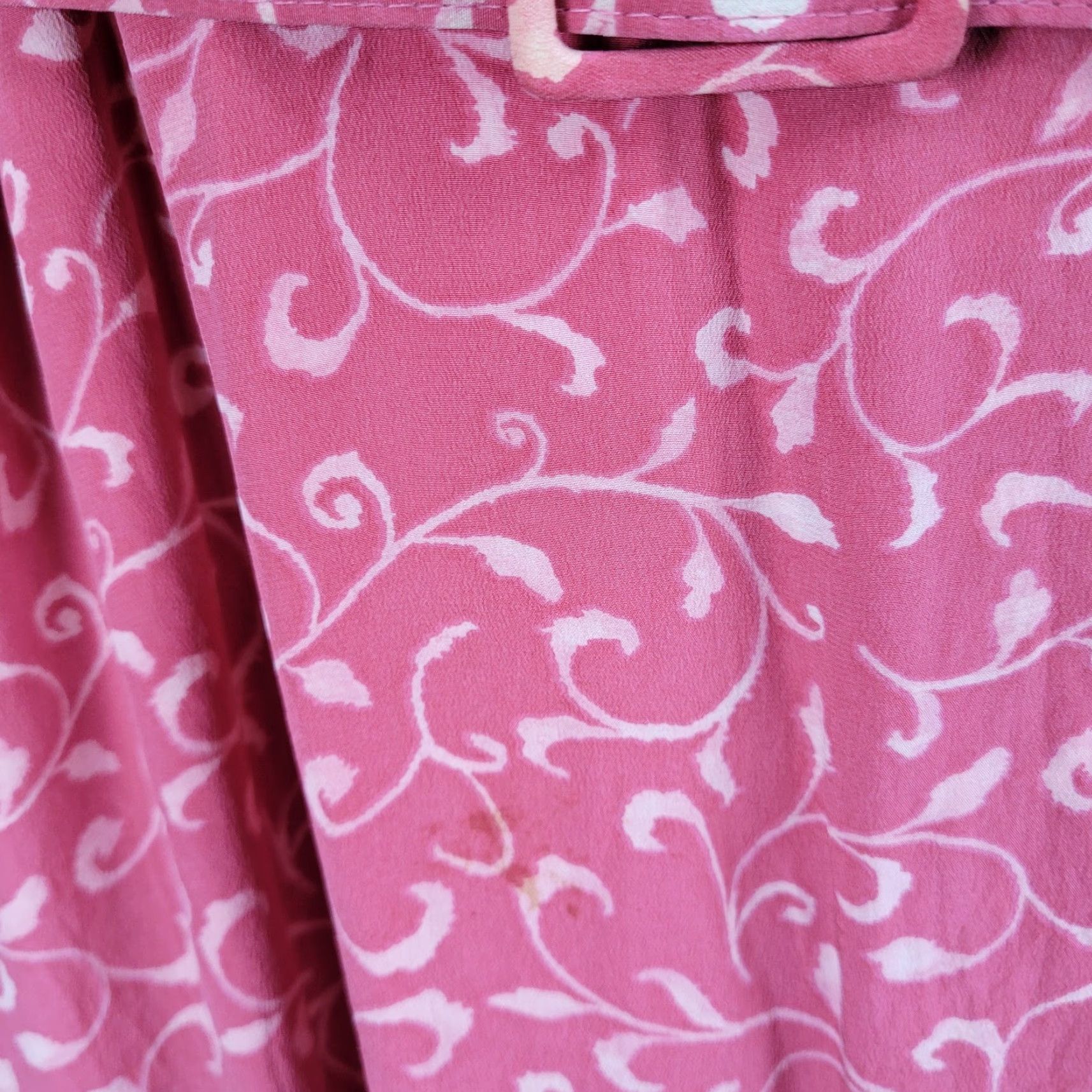 VINTAGE Papillon Pink 100% Silk Leaf Print Short Sleeve Belted Lined Wrap Dress 16
