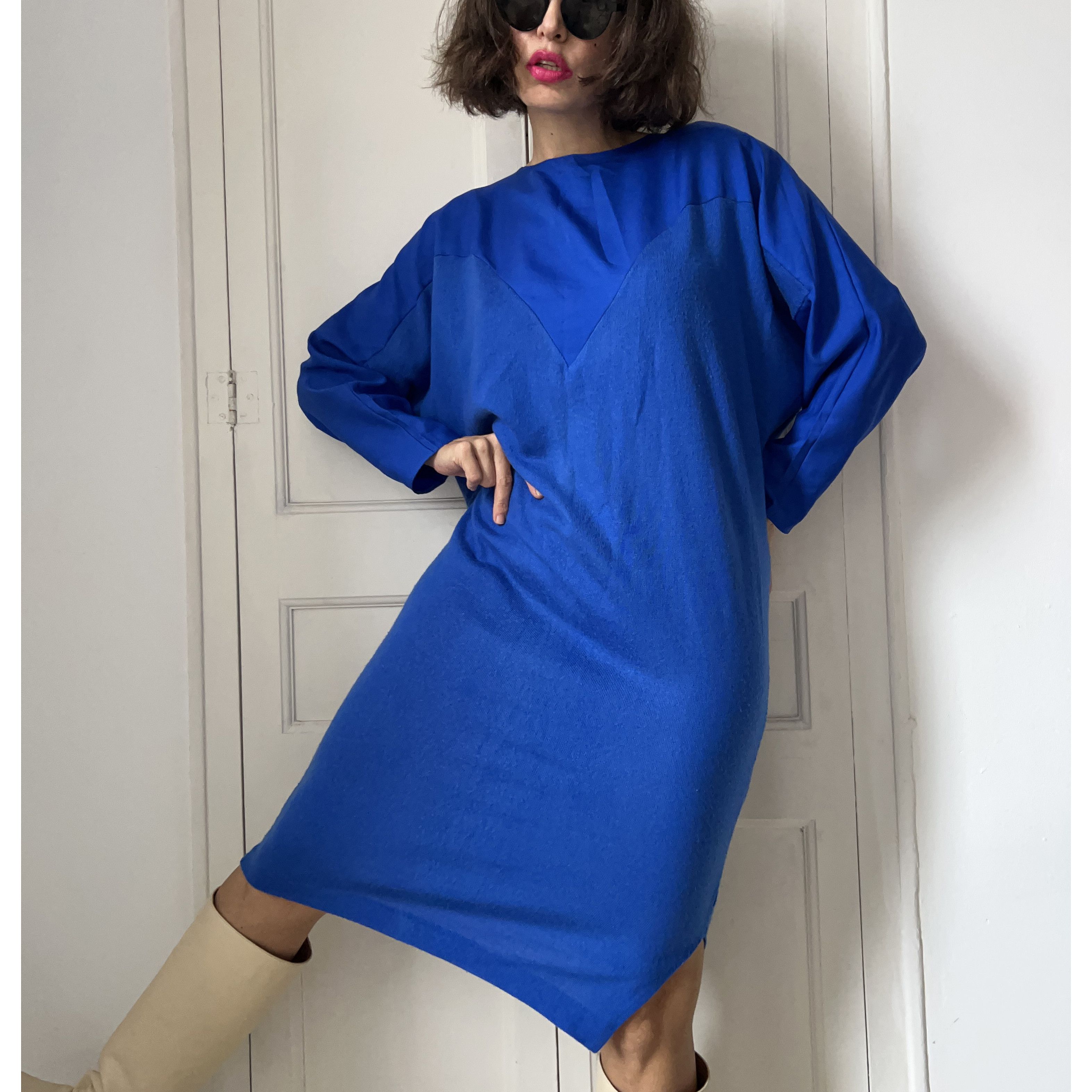 Vintage Vintage 80s Cobalt Blue Dolman Sleeve Midi Tunic Dress Size S / US 4 / IT 40 - 5 Thumbnail