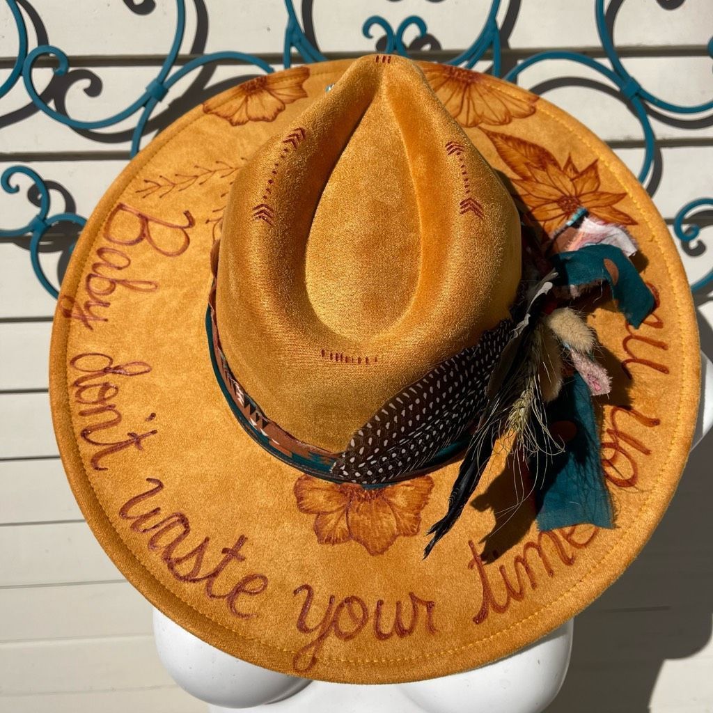 image of Handcrafted Hand Burned Hat | Wide Brim Hat | Branded Hat | Wildflowers in Gold, Women's