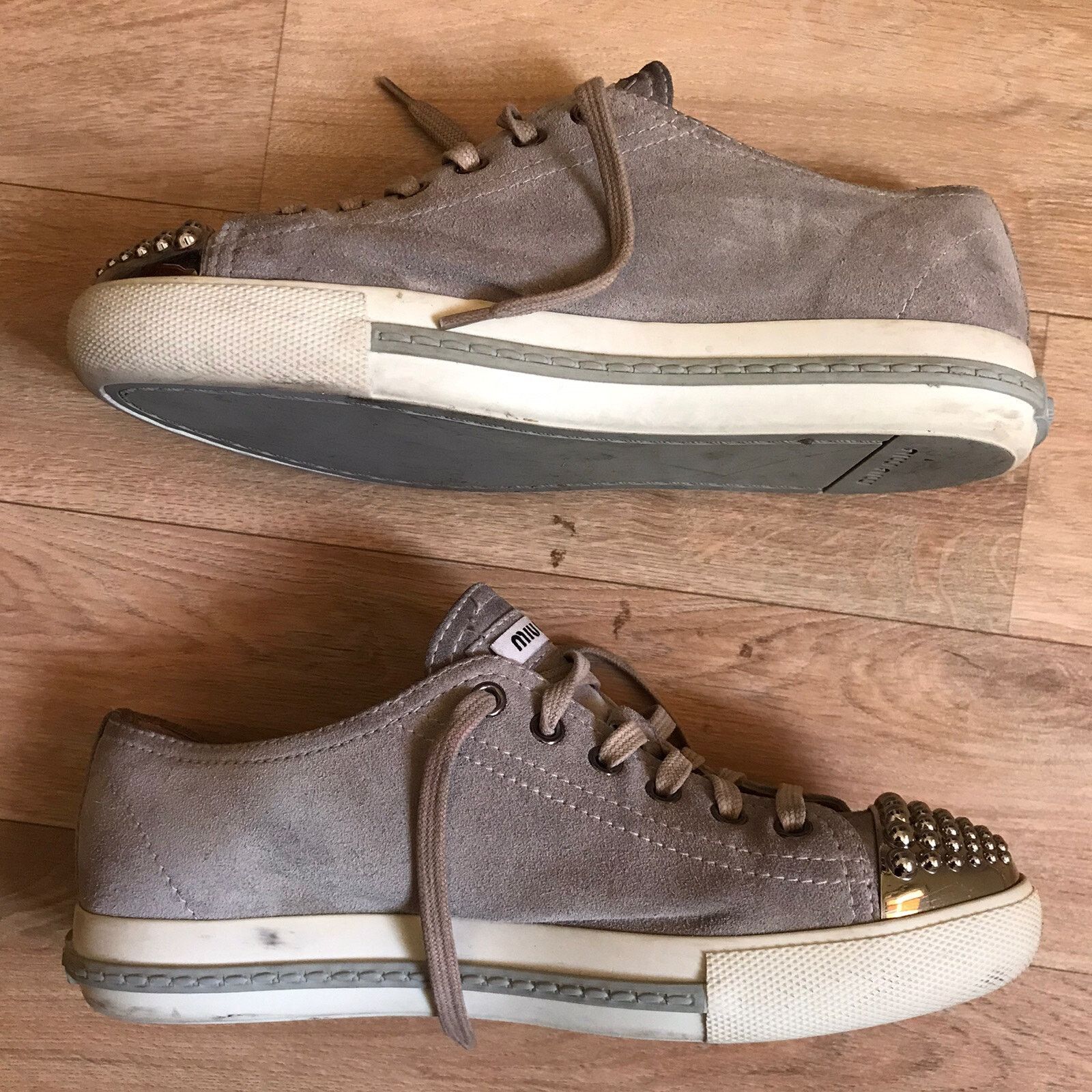 Miu Miu MIU MIU Womens Sneakers Suede Leather Shoes Studded Toe Size US 7 / IT 37 - 4 Thumbnail