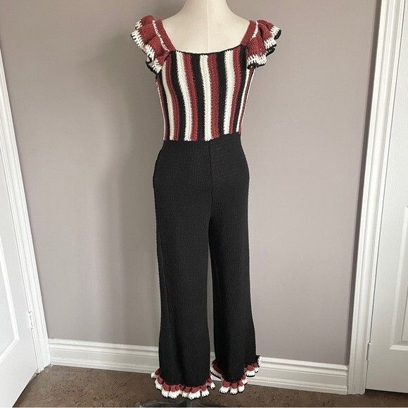 Zara Zara Striped Black Crochet Ruffle Sleeveless Jumpsuit - S Size 28" / US 6 / IT 42 - 2 Thumbnail