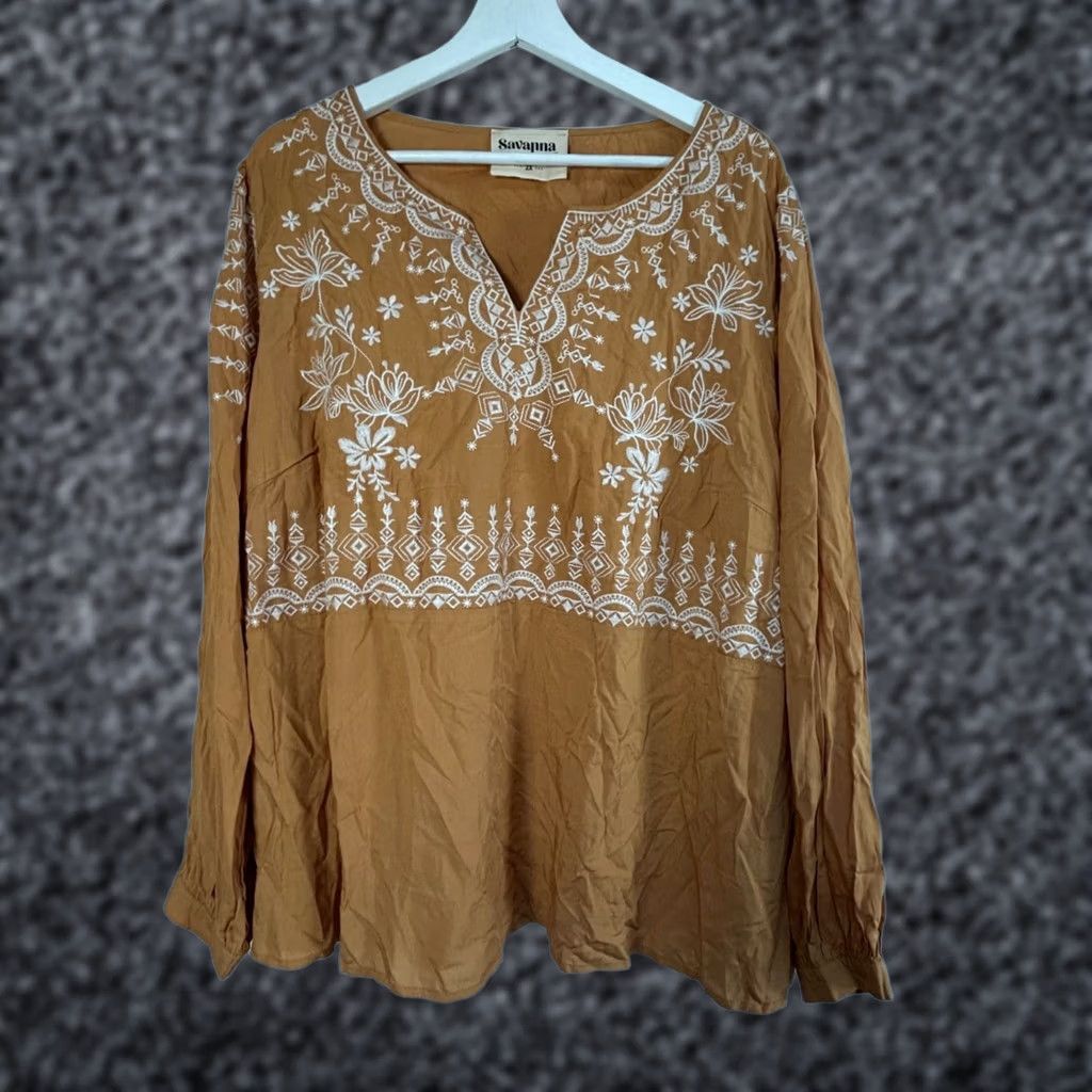 Vintage Savanna Jane Womens Mustard Floral Embroidered Boho Blouse Top 2X Long Sleeve Casual Size XXL / US 16-18 / IT 52-54 - 1 Thumbnail