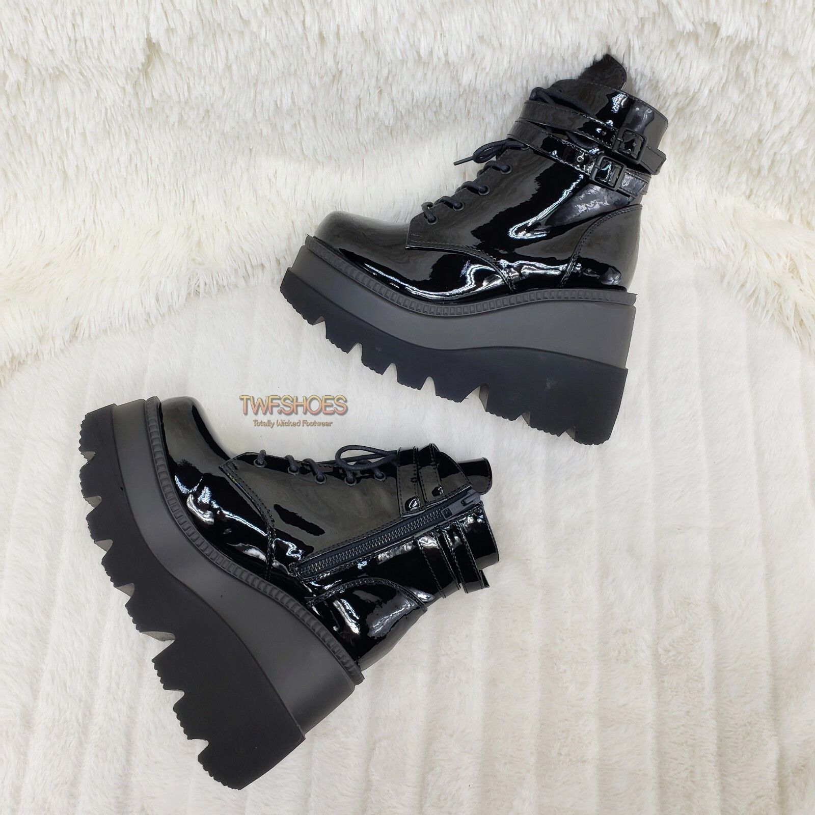Demonia Cult DEMONIA Shaker 52 Black Patent Platform 4.5" Wedge Heel Ankl Size US 10 / IT 40 - 3 Thumbnail