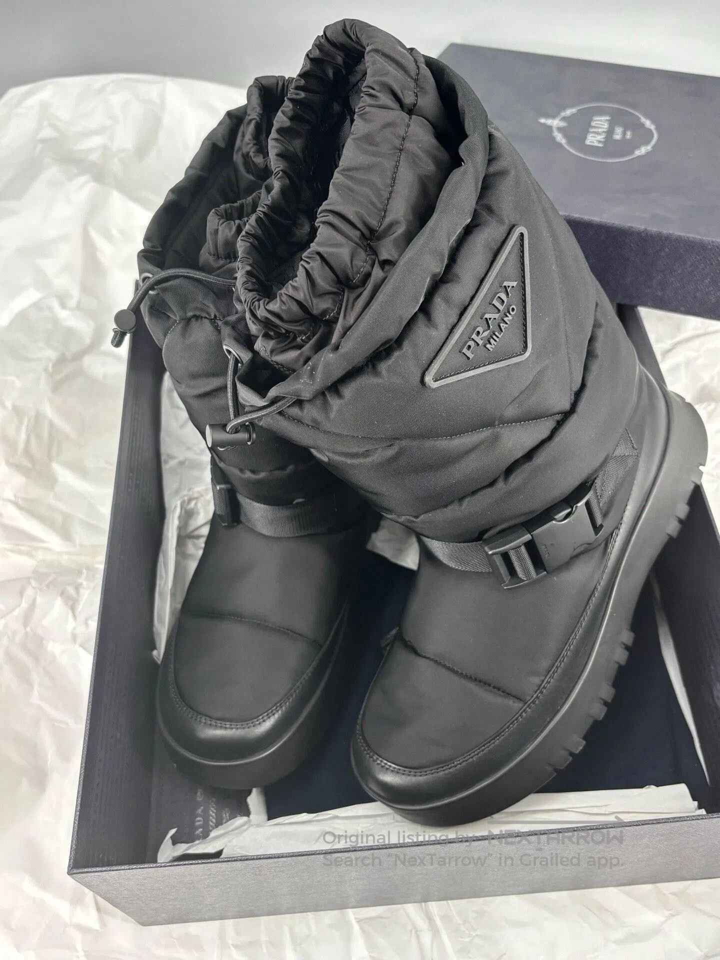 prada men's snow boots with nylon material.