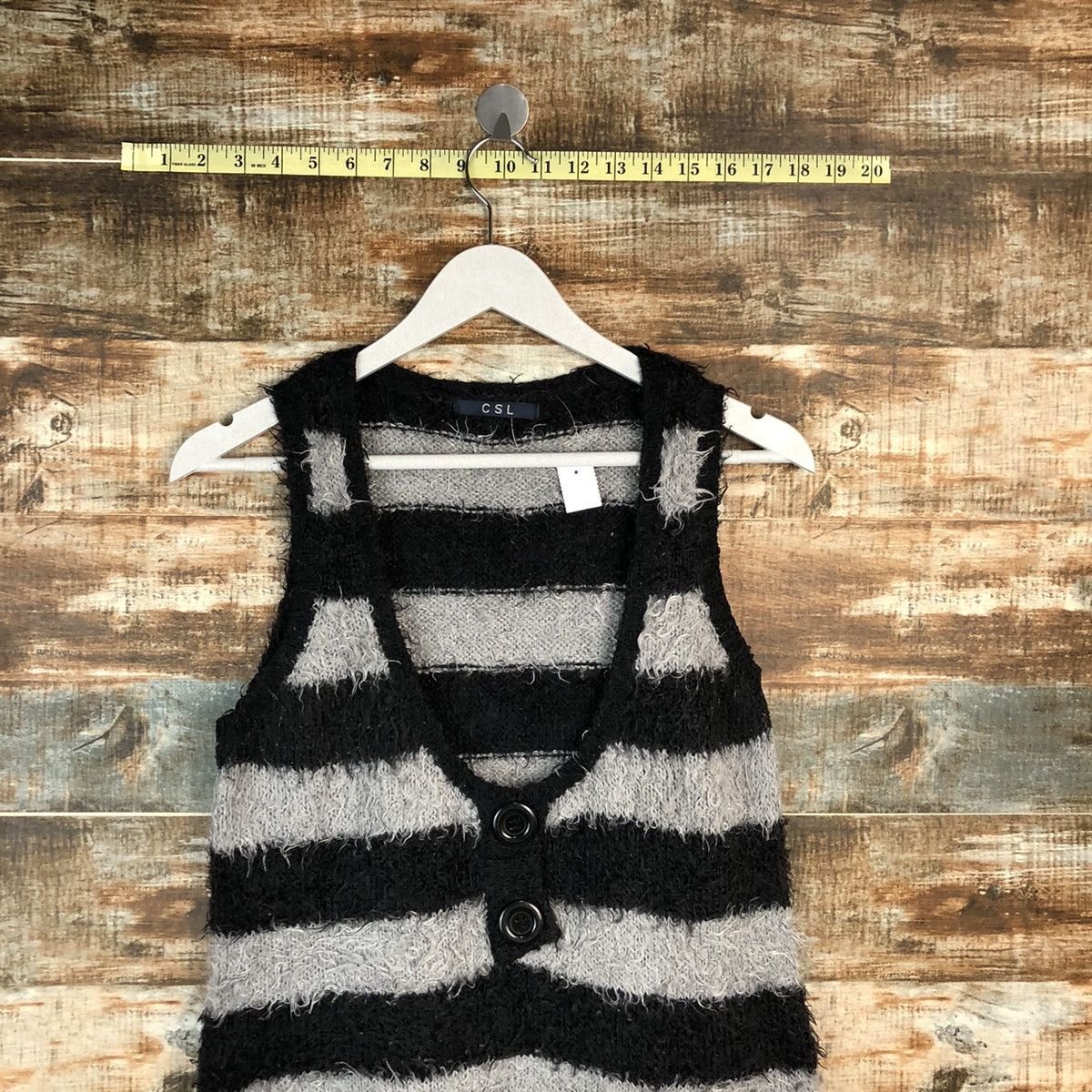 Japanese Brand CSL Stripe Grey fur mohair Black Vest Knitwear #A1609 Size L / US 10 / IT 46 - 4 Thumbnail